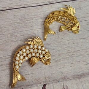 Gold Koi Fish Pearl Accent Brooch - Elegant Women’s Jewelry